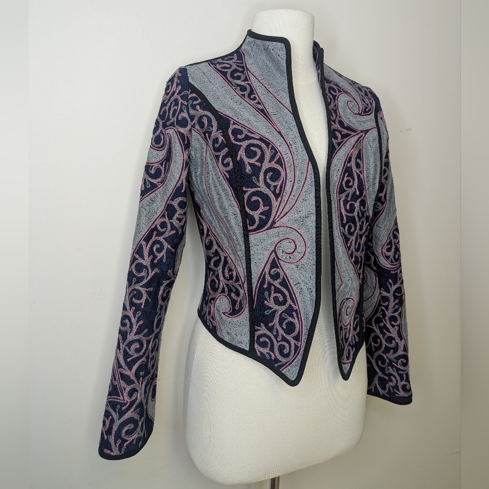 Womens Navy & Gray Patterned Open-Front Blazer Jacket